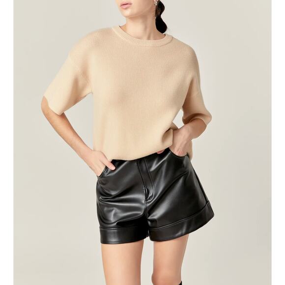 English Factory Ribbed Collar Knit Elbow Half Sleeves Sweater Top Beige L - Picture 11 of 11